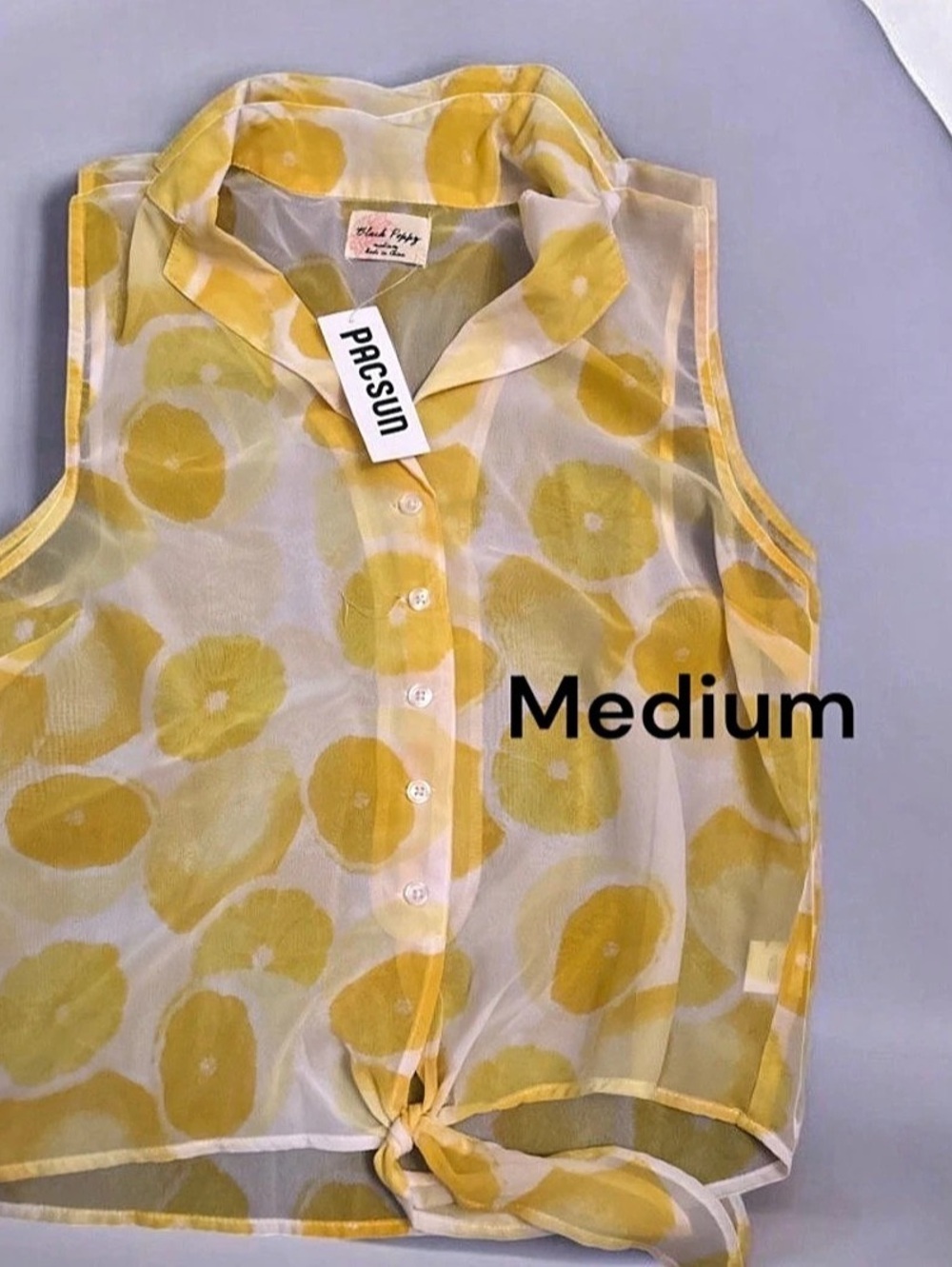 Pacsun Floral Tie-Front Button-Up Yellow White Size Medium